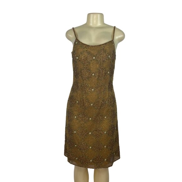 Mes Ami Brown Beaded Silk Sleeveless Cocktail Dress Size 6 - Picture 1 of 7